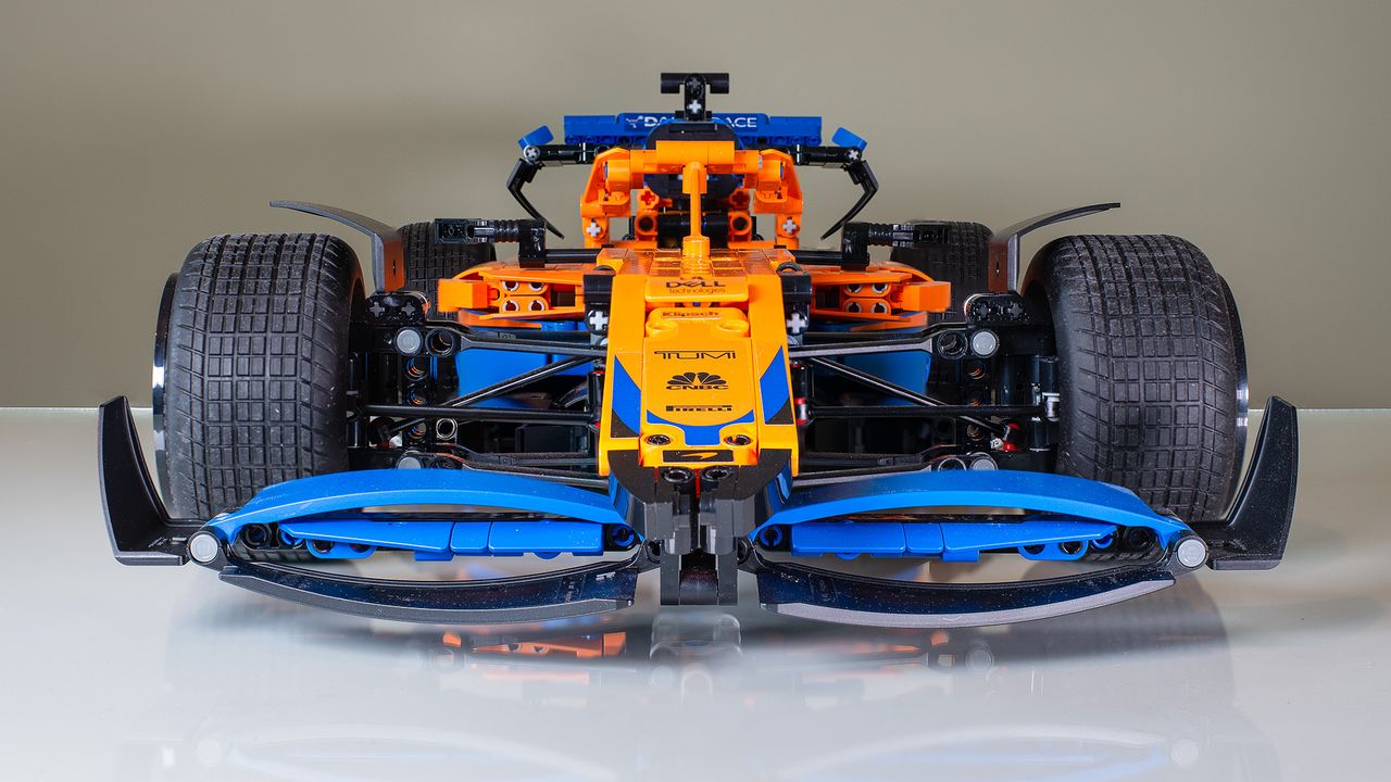 The front wing of the Lego Technic McLaren Formula 1 Race Car