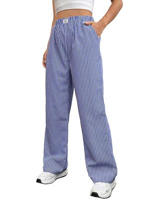 Oyoangle Women's Straight Wide Leg Trousers Striped Print Letter Patched Detail High Waist Y2k Fashion Pants Blue M