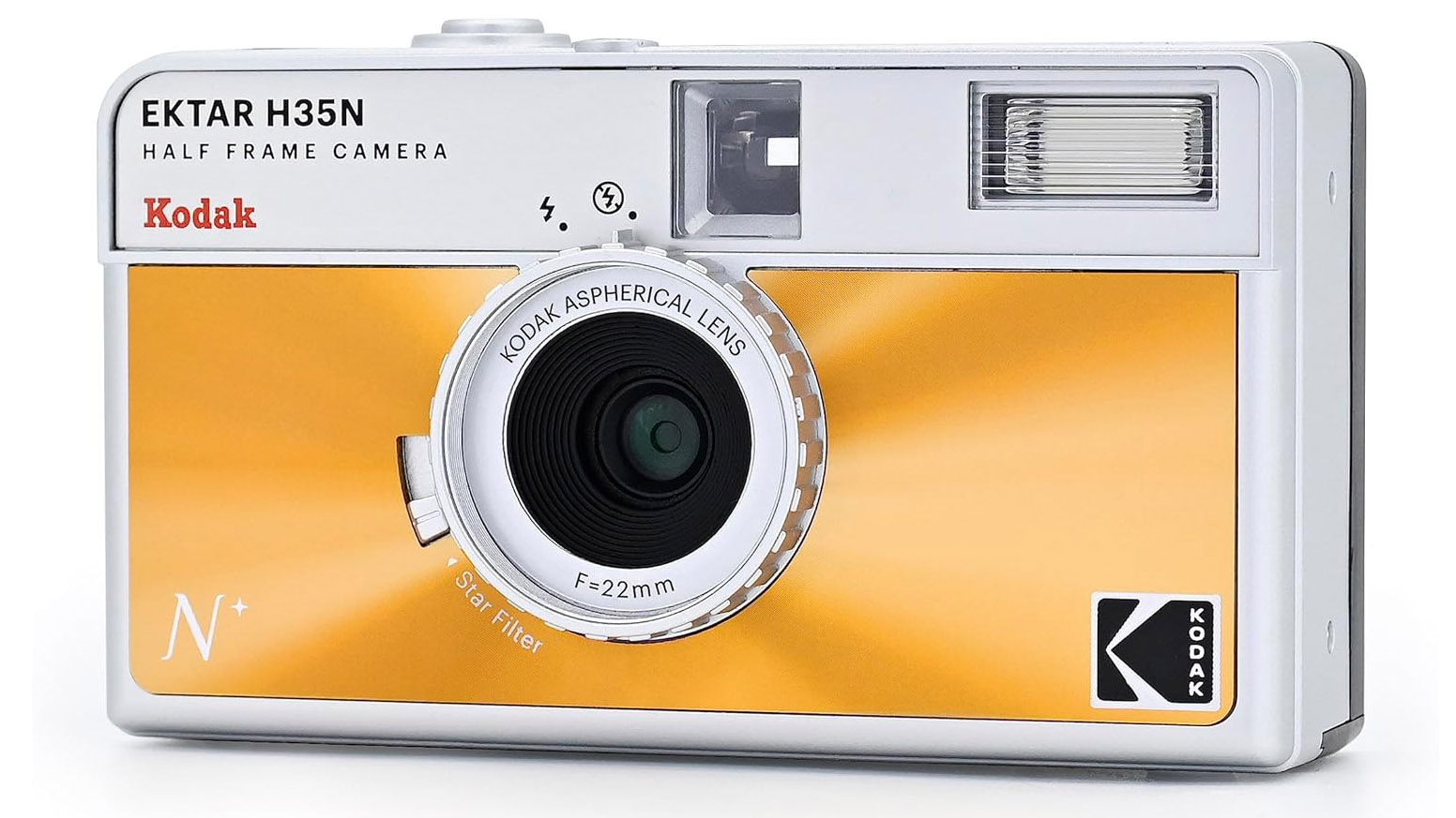 A studio shot of the Kodak Ektar H35N three quarters pointing to the left, on a white background and in the glazed orange colorway