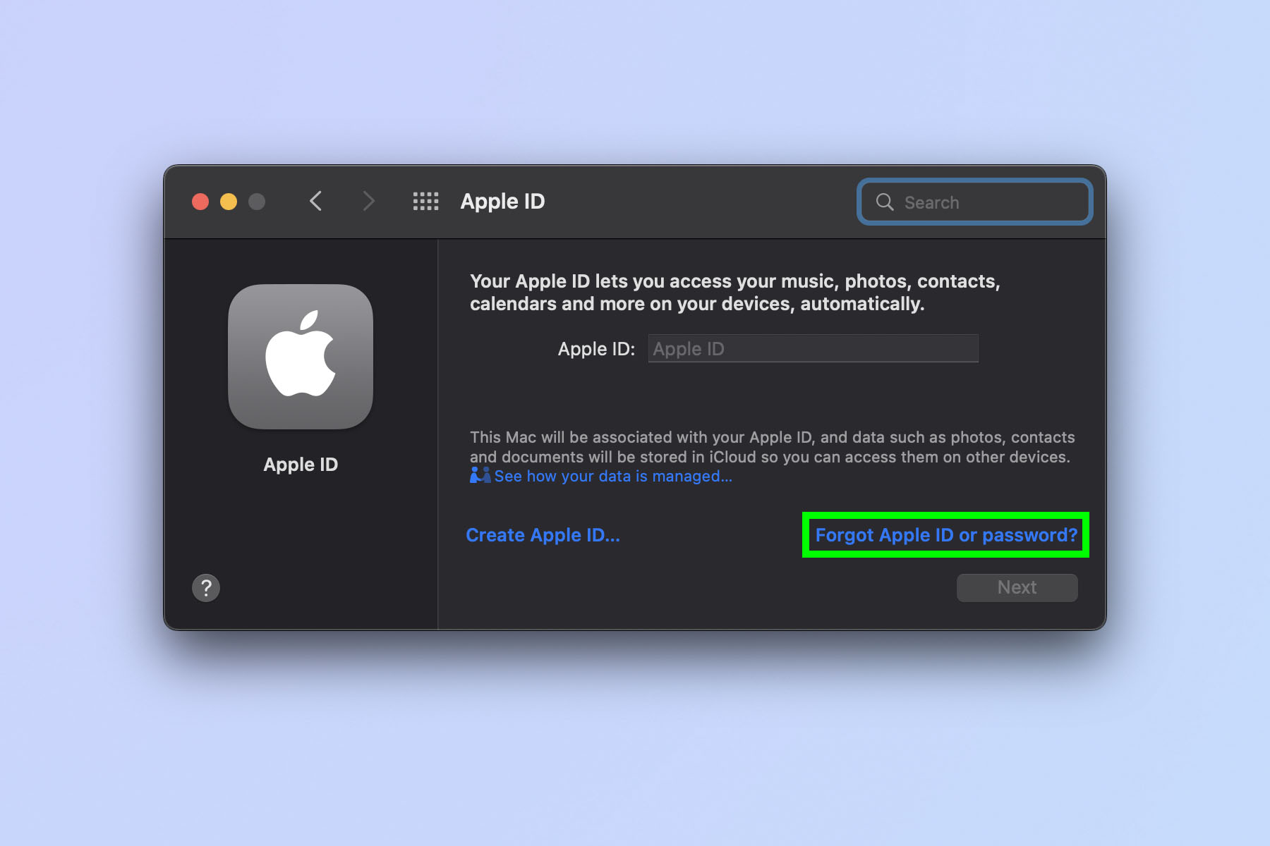 Çıkış yapmış bir Mac'te Apple Kimliğinizi nasıl bulacağınızı gösteren bir ekran görüntüsü