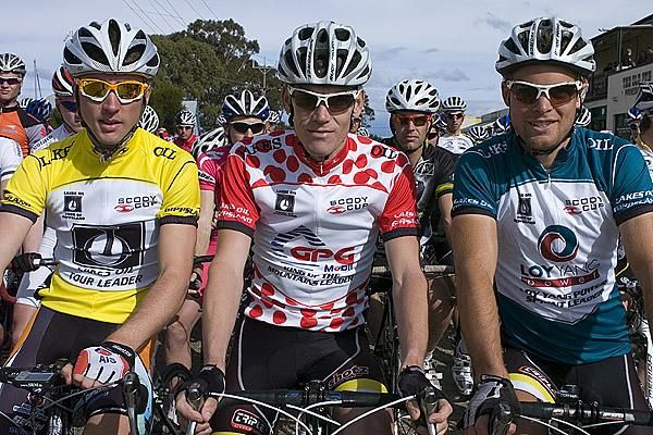 The tour's main category winner's prior to the final stage in Paynesville. Leigh Howard (tour winner), Cameron Jennings (King of the Mountains), and Malcolm Rudolph (Sprint Points).