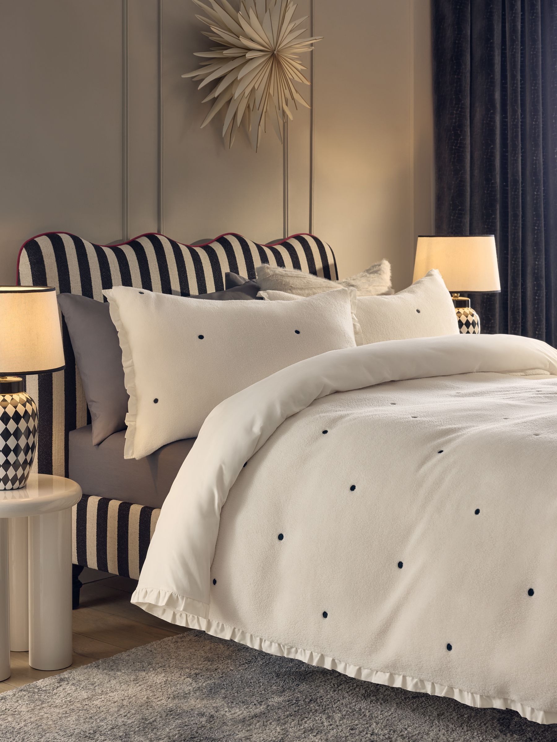 Natural Polka Dot Frill Soft Fleece Duvet Cover and Pillowcase Set - Size Single