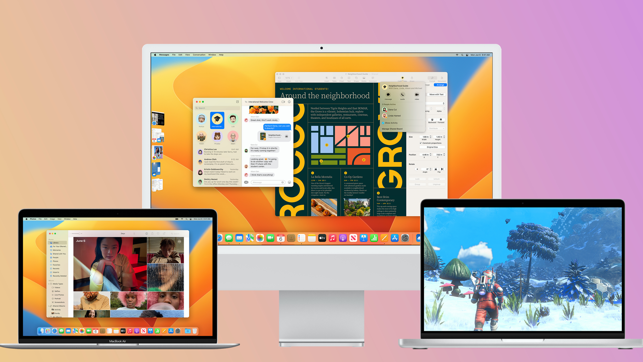 在 Mac Studio 顯示器和兩台 MacBook 上運行的 macOS Ventura