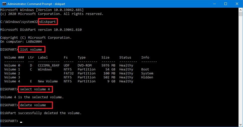 DiskPart delete volume on Windows 10