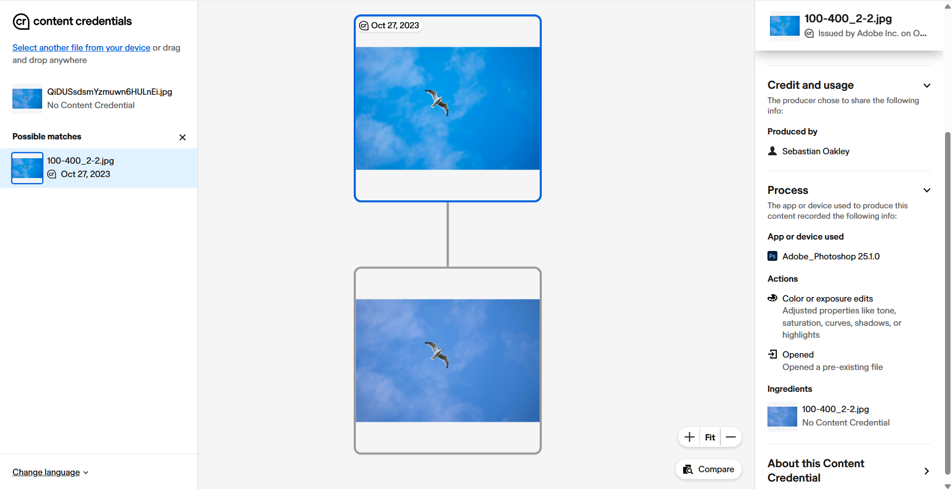 Screen shot of a Content Credentials timeline of an image