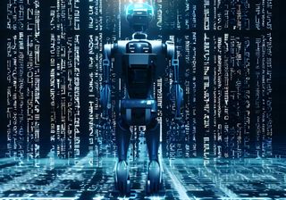 An image of an AI robot stood in front of code generated by Bing Image Creator