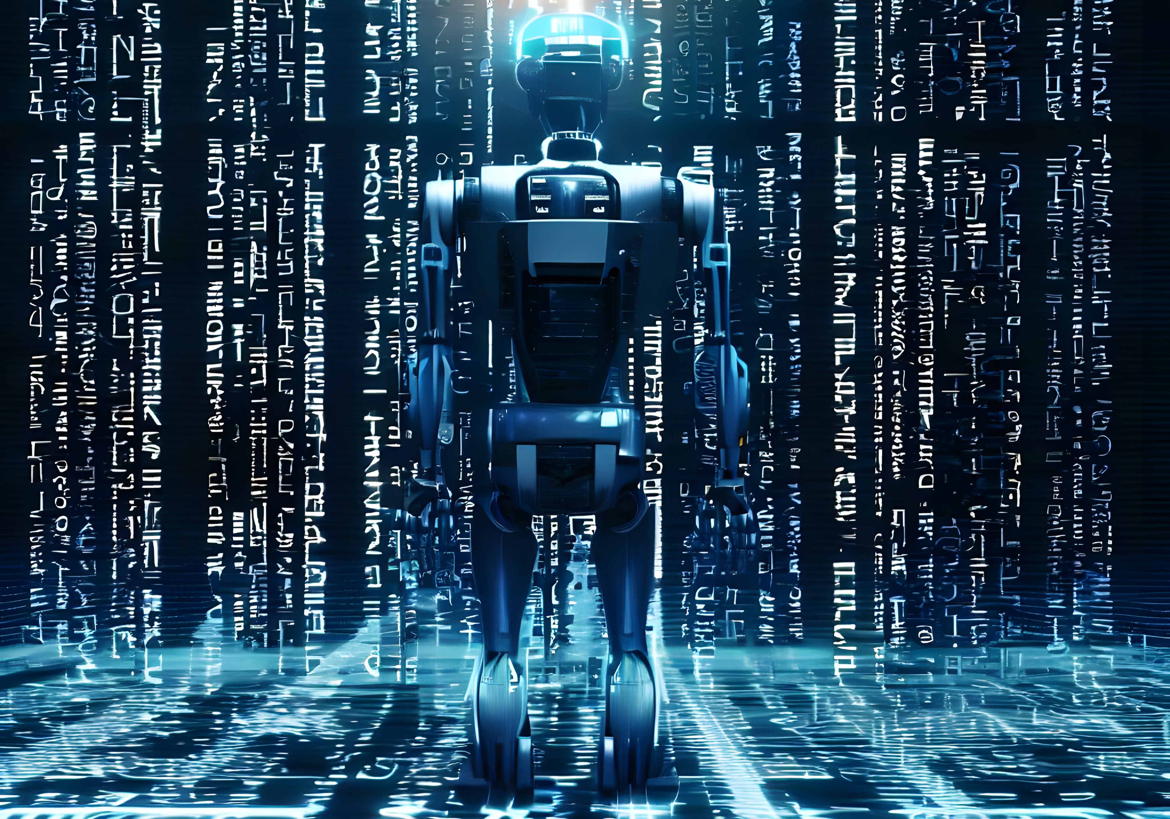 An image of an AI robot stood in front of code generated by Bing Image Creator