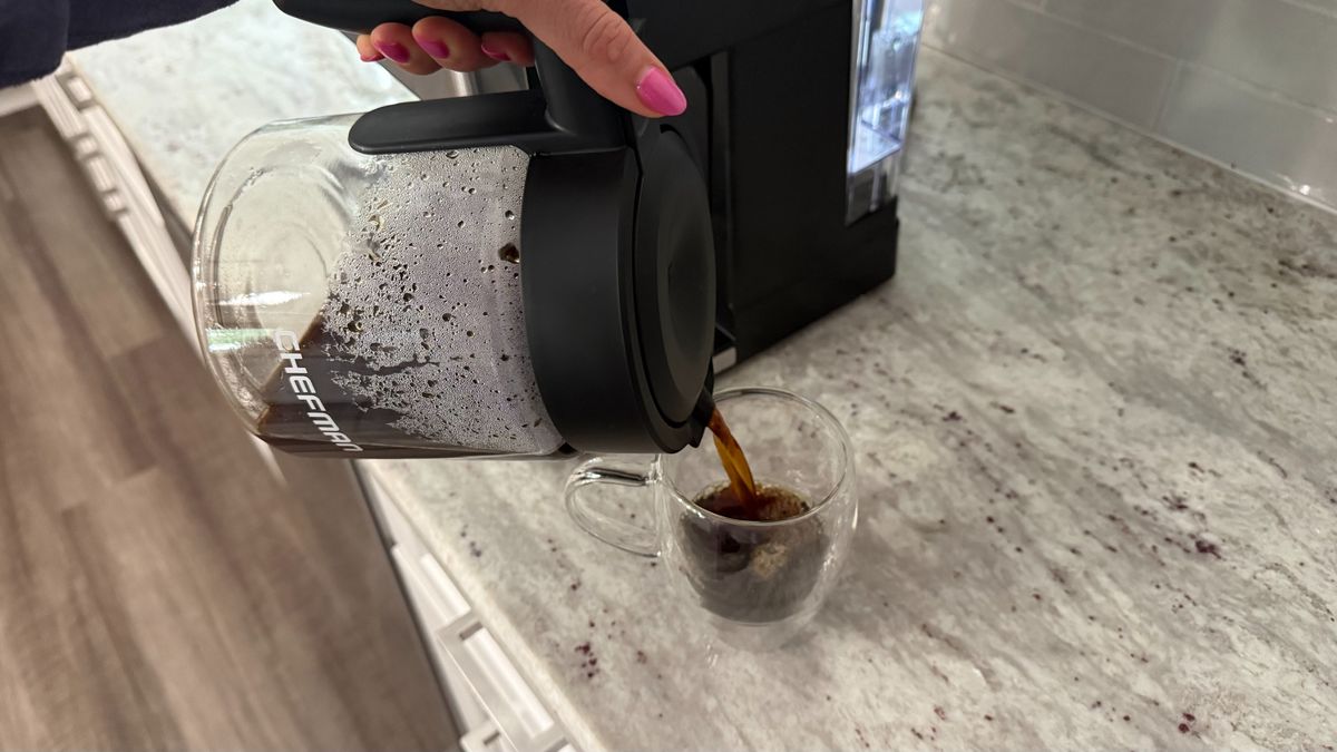 Chefman Coffee Station Pro brewing carafe of drip coffee