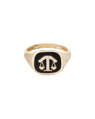 14k Yellow Gold Diamond &amp;amp; Ceramic Zodiac Libra Signet Ring, 0.06 Tcw