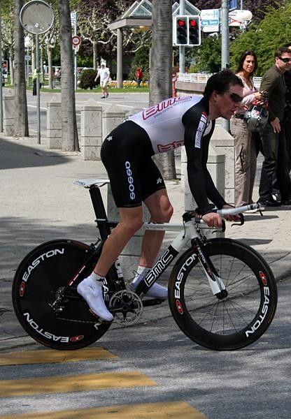 Ian McKissick (BMC Racing) has finished his ride and is negotiating his way back to the team's hotel in the centre of Sion.