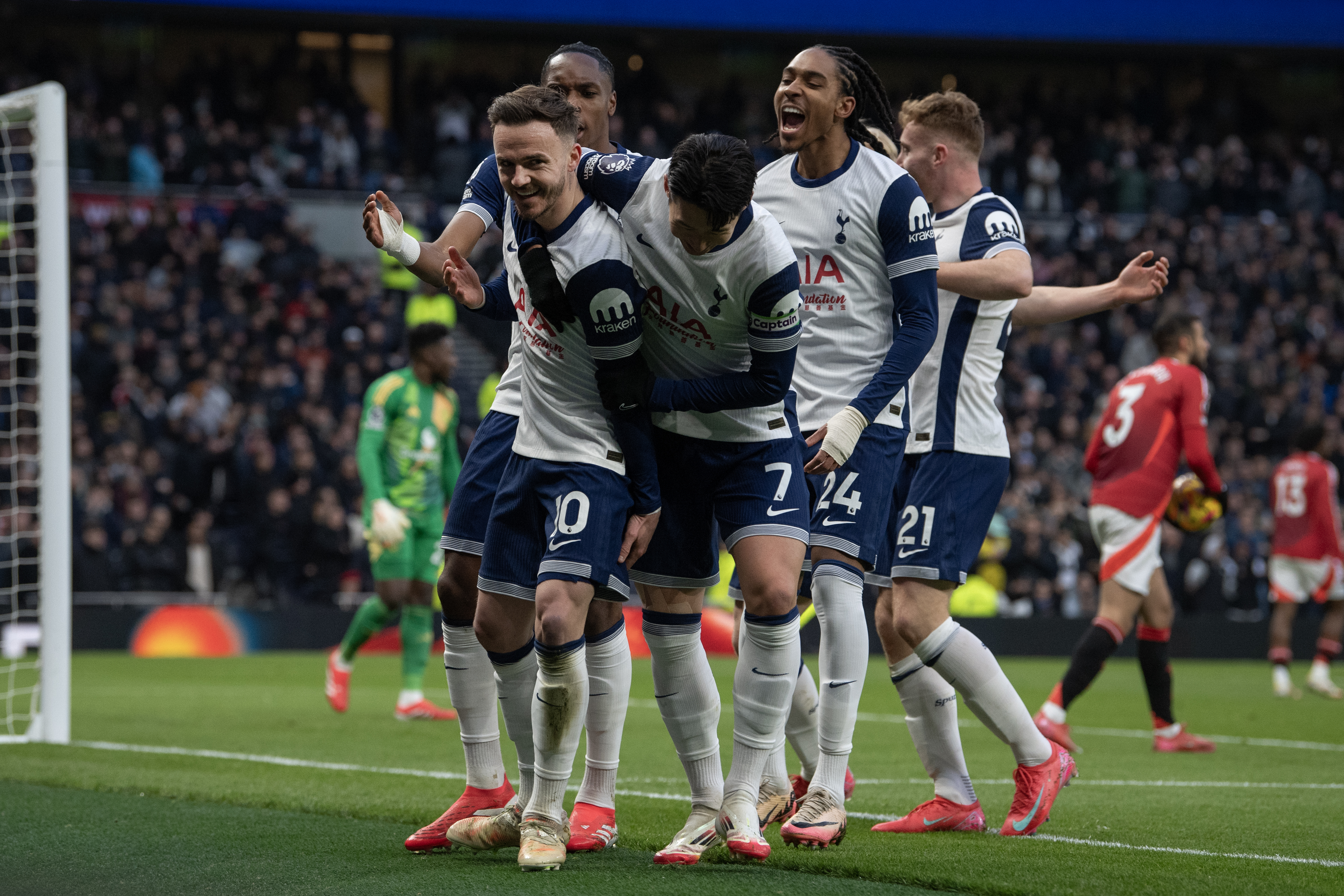 James Maddison celebrates with his Tottenham team-mates after scoring against Manchester United in the Premier League at the Tottenham Hotspur Stadium in February 2025.