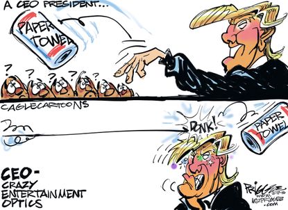 Political cartoon U.S. Trump Puerto Rico paper towel toss