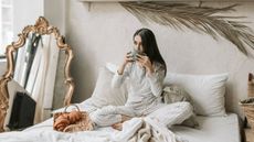 Sleep and Wellness tips, woman eating and drinking in bed