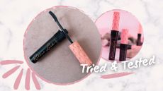 Benefit roller lash mascara shown with the wand out and in large and mini sizes for this benefit roller lash mascara review