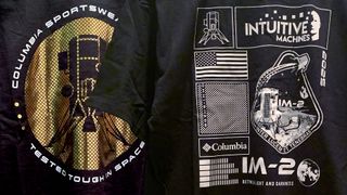 close-ups on two overlapping black shirts with graphic designs depicting a lunar module and related mission art