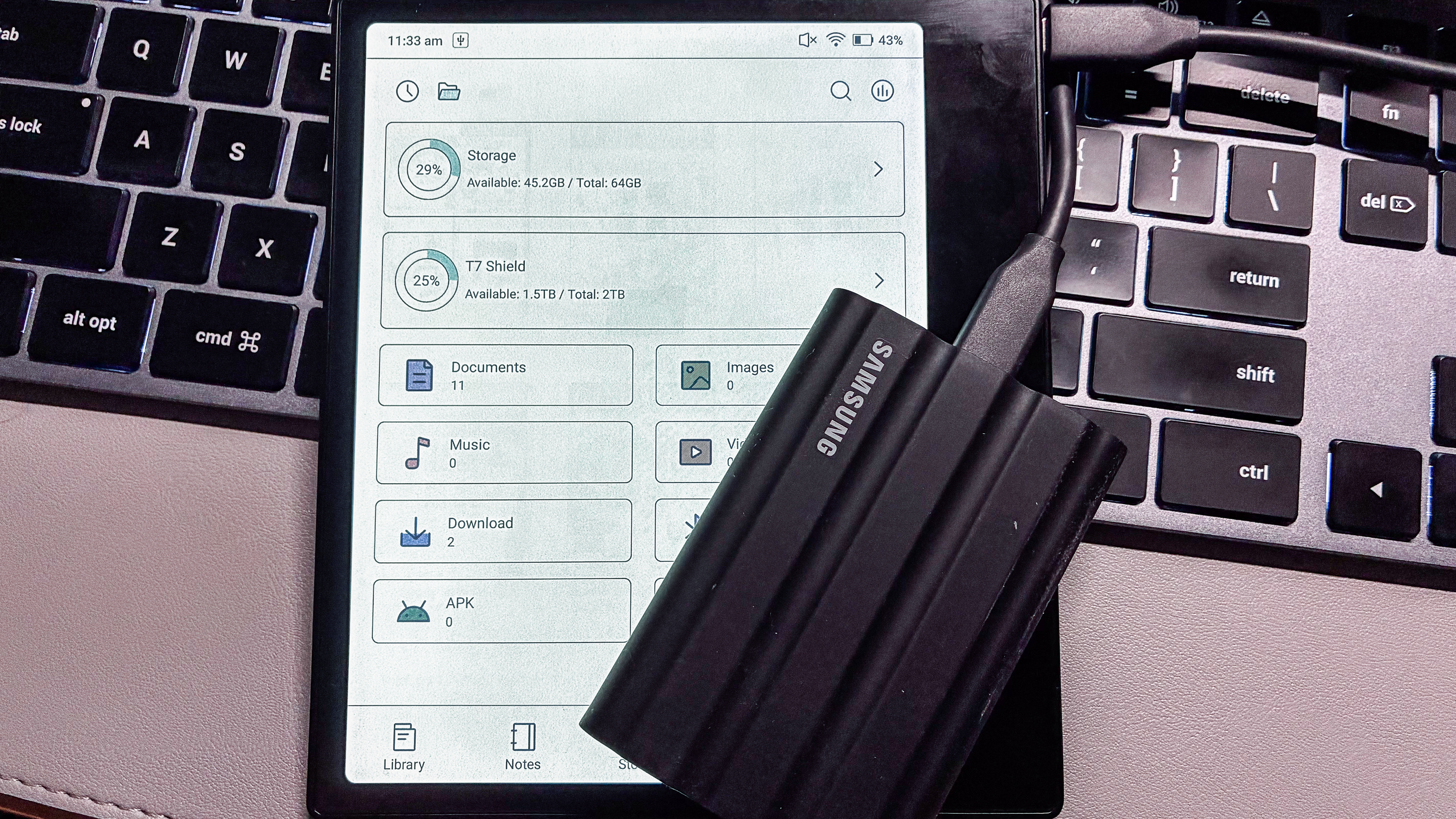 A Samsung T7 Shield portable SSD plugged into the Boox Go Color 7 Gen II