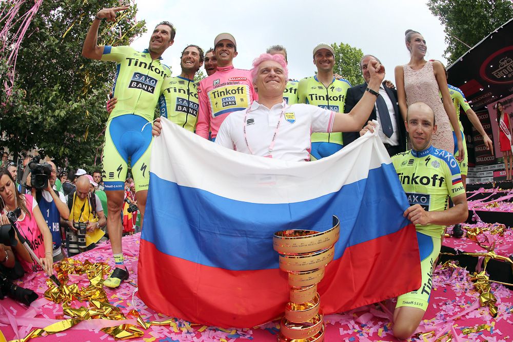 Oleg Tinkov celebrates with his team.