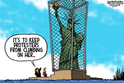 Political cartoon U.S. Statue of Liberty protest Trump cage ICE