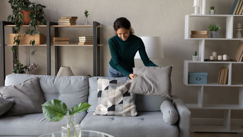 Woman tidying cushions on sofa