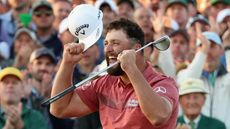 Jon Rahm celebrates after making the winning putt to clinch the 2023 Masters