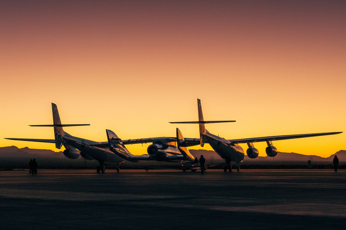 Virgin Galactic's SpaceShipTwo Unity and its mothership WhiteKnightTwo prepare for the first test launch attempt from Spaceport America, New Mexico at dawn on Dec. 12, 2020.