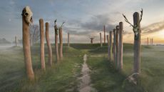 We see an illustration of a shaman in the background on a earthen mound holding up their hands. There are wooden poles with animal skulls making a path to the foreground.