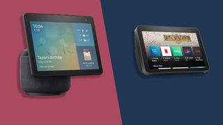 The Amazon Echo Show 10 on a pink background on the left and the Amazon Echo Show 10 (2nd generation) on a blue background on the right