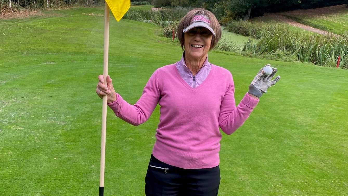 Lyn Parry with the ball after her second hole-in-one in the month