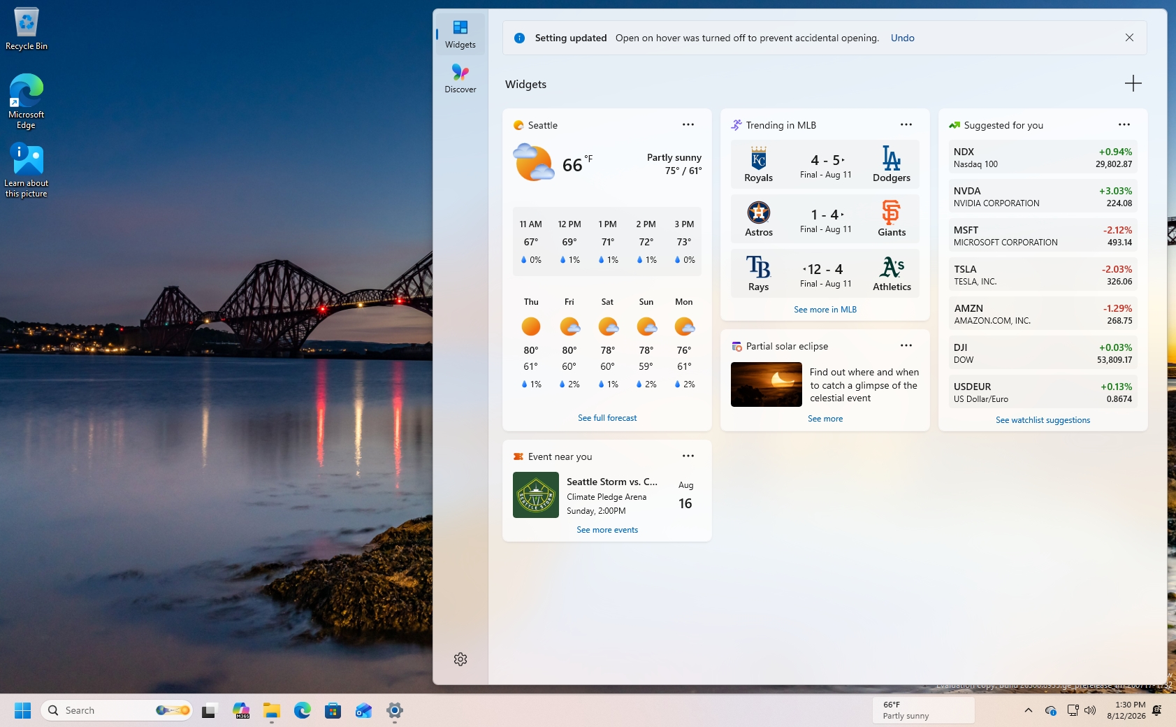 Windows 11 desktop showing the Widgets dashboard new design in 2026.