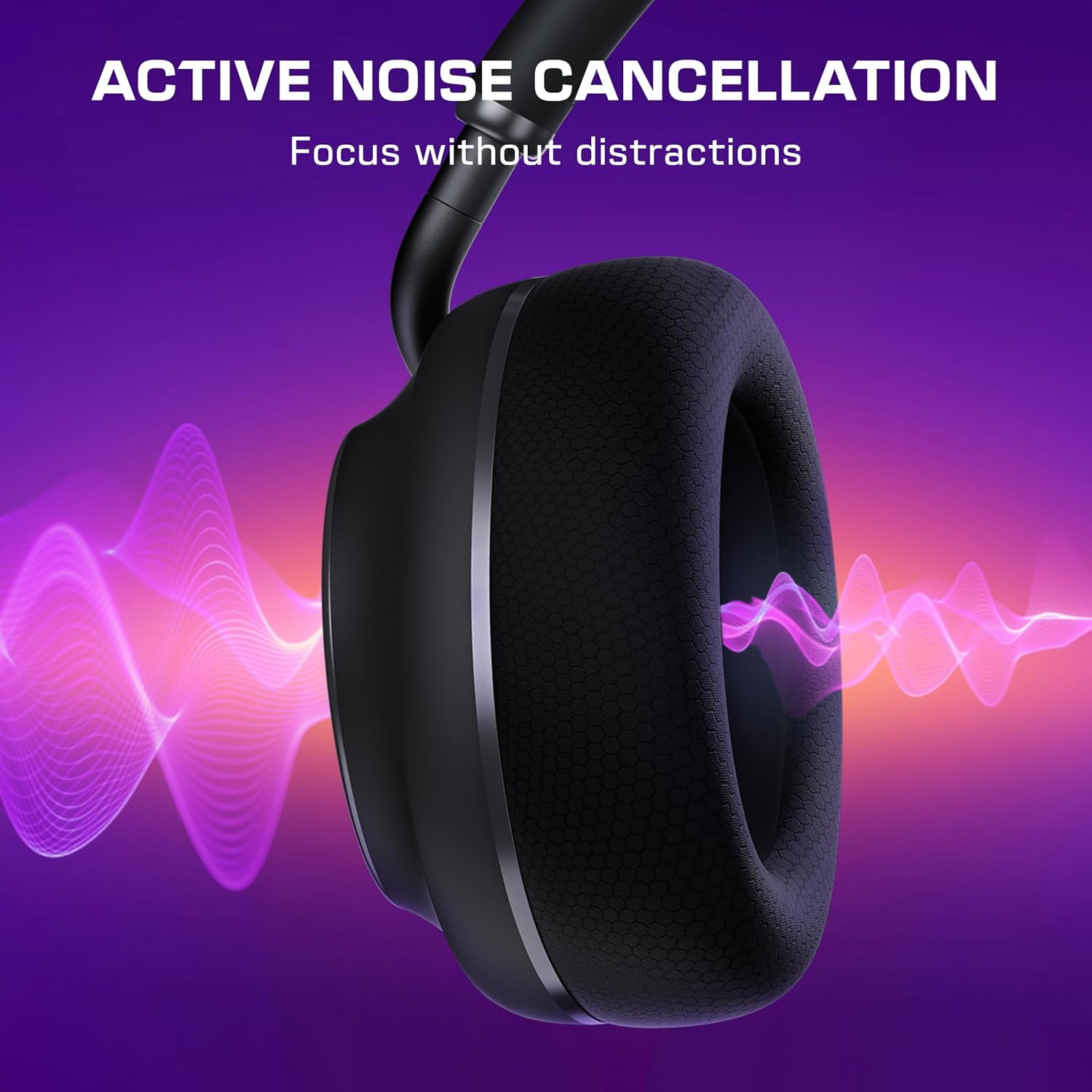 Close-up of a black headphone with text "Active Noise Cancellation" and "Focus without distractions" on a purple background, featuring pink sound waves.