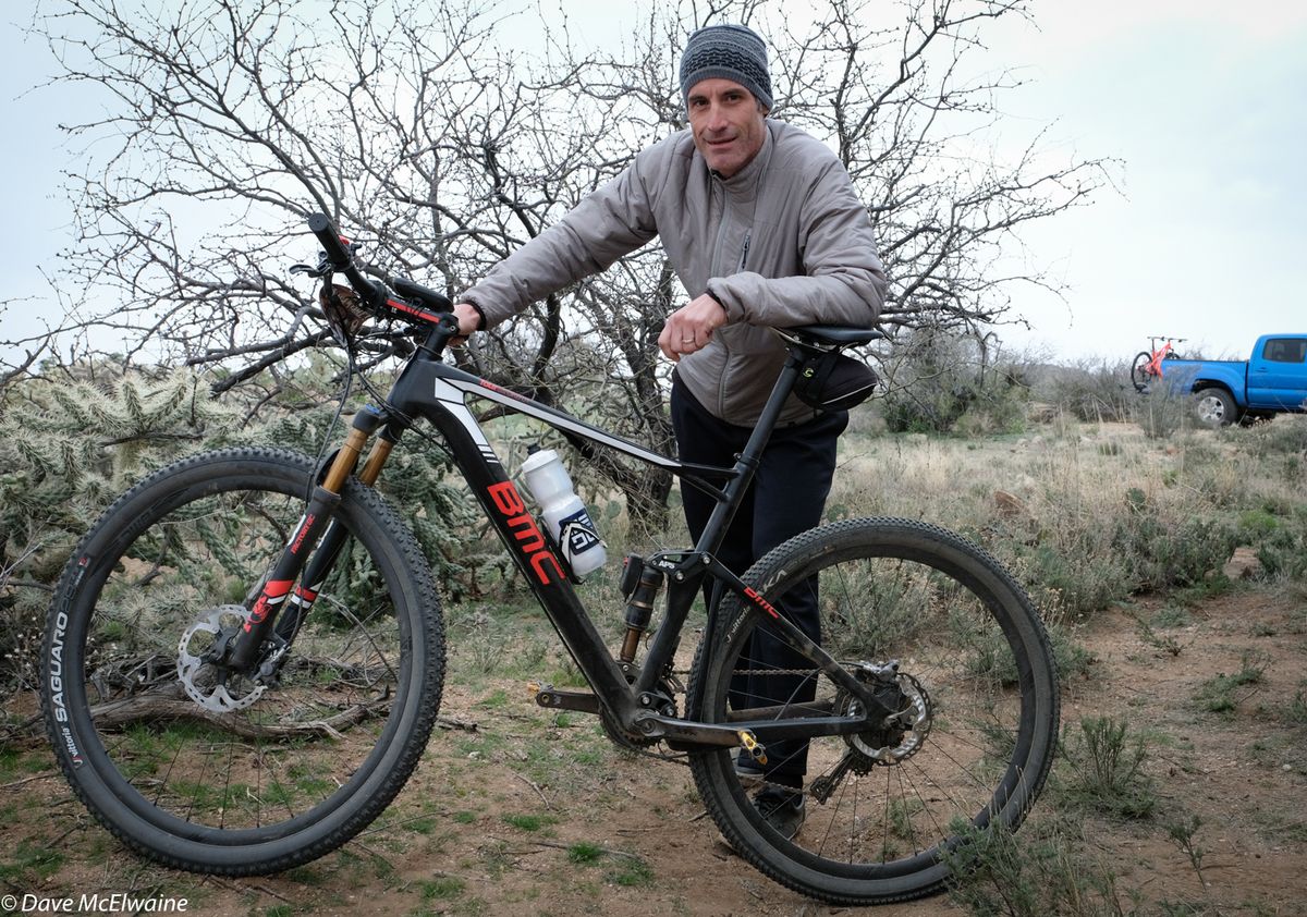 George Hincapie was riding a BMC full-suspension 29er with Vittoria Saguaro tires.