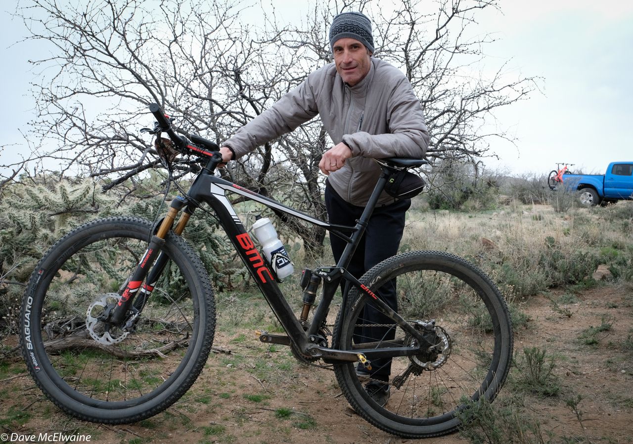 George Hincapie was riding a BMC full-suspension 29er with Vittoria Saguaro tires.