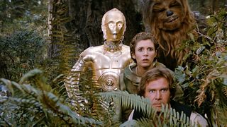 C-3PO, Leia, Han, and Chewbacca in Star Wars: Return of the Jedi