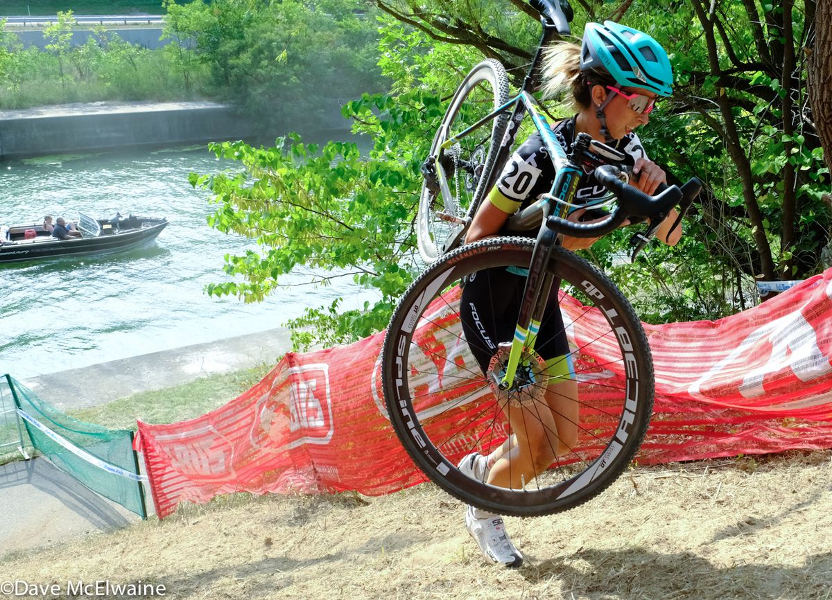 Unlike most riders who were pushing their bikes on this run-up, Ashley Barson shouldered hers.