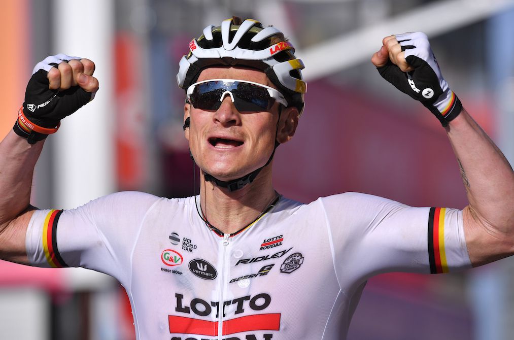 Andr&eacute; Greipel celebrates his stage victory at the Giro d'Italia.