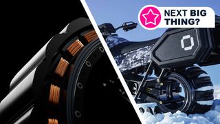 A Donut Lab in-wheel motor on a black background and on the rear wheel of a motorbike in the snow