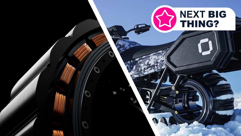 A Donut Lab in-wheel motor on a black background and on the rear wheel of a motorbike in the snow