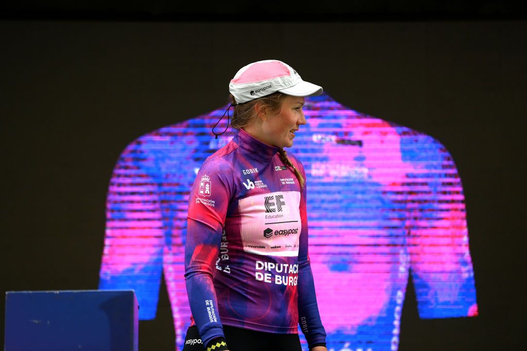 BURGOS SPAIN MAY 16 Lotta Henttala of Finland and Team EF EducationCannondale celebrates at podium as Purple Leader Jersey winner during the 9th Vuelta a Burgos Feminas 2024 Stage 1 a 123km stage from Villagonzalo Pedernales to Burgos UCIWWT on May 16 2024 in Burgos Spain Photo by Alex BroadwayGetty Images