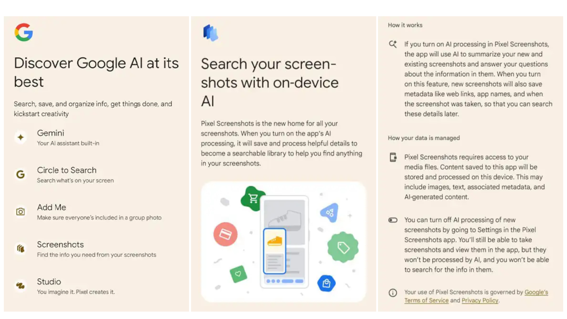 Google AI feature s and screenshots description