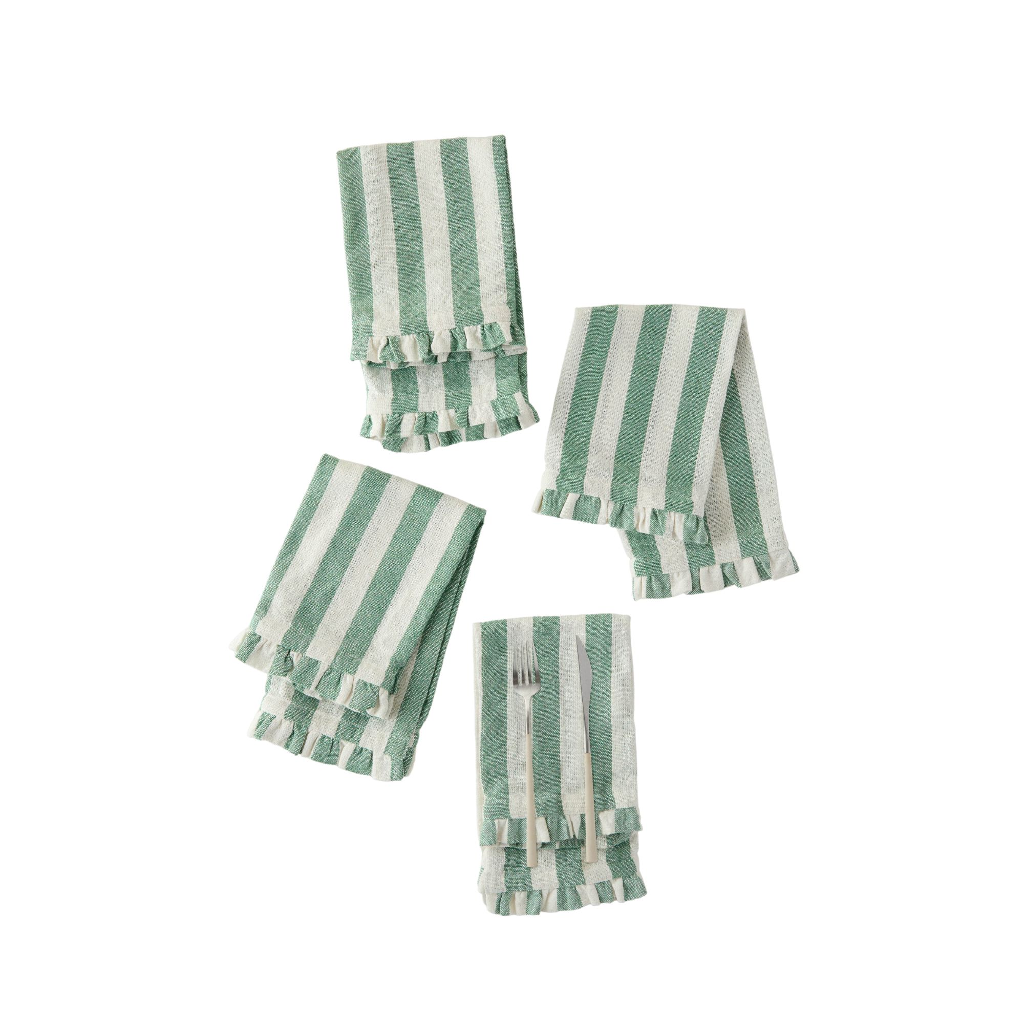 Four white and mint-colored striped napkins with frilled edges
