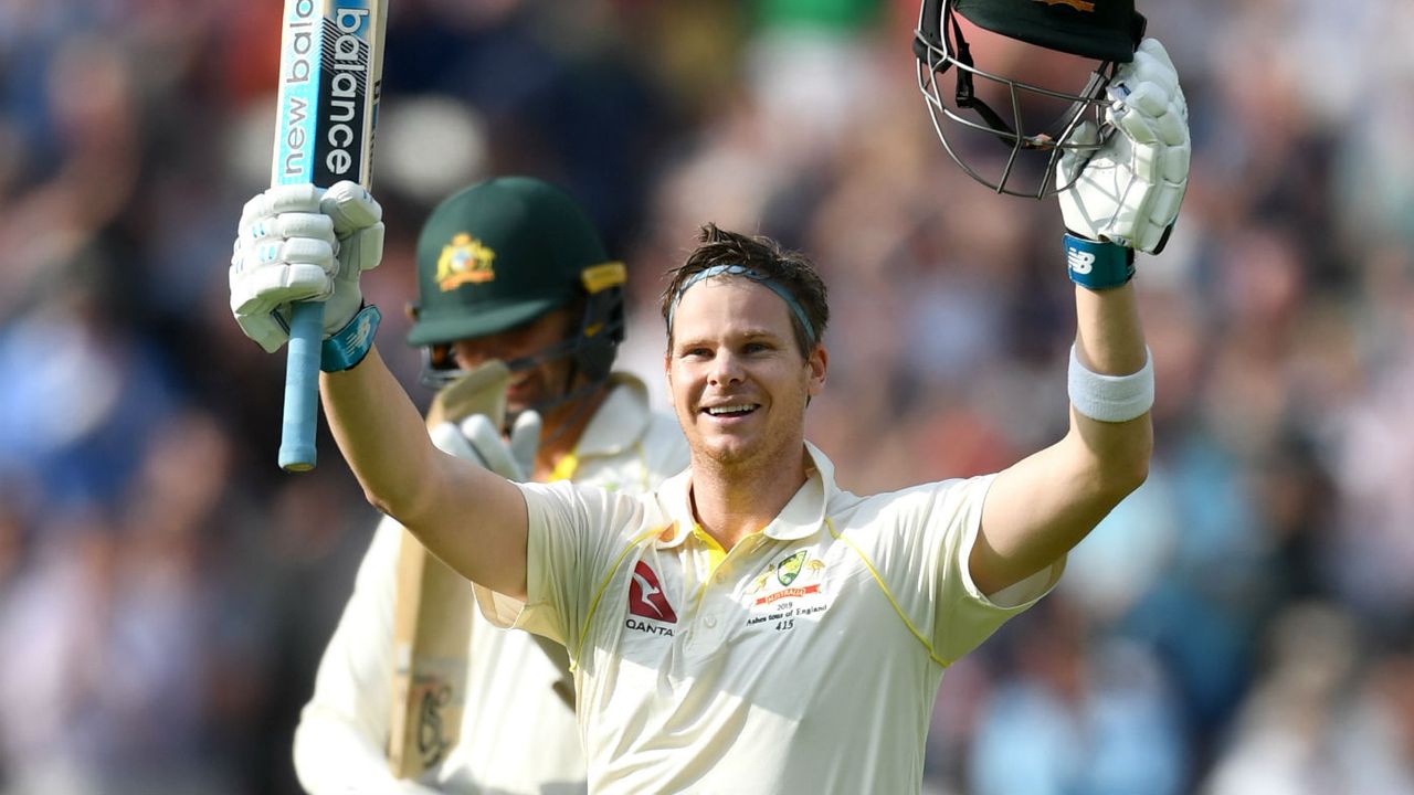 Australia’s Steve Smith celebrates his century against England at Edgbaston 