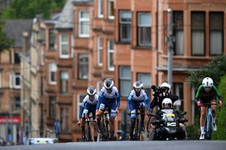 Selam Amha Gerefiel of Ethiopia, Maude Elaine Le Roux of South Africa, Tasane Elina of Estonia and Team UCI World Cycling Centre during the Team Time Trial Mixed Relay at the UCI World Championships in Glasgow