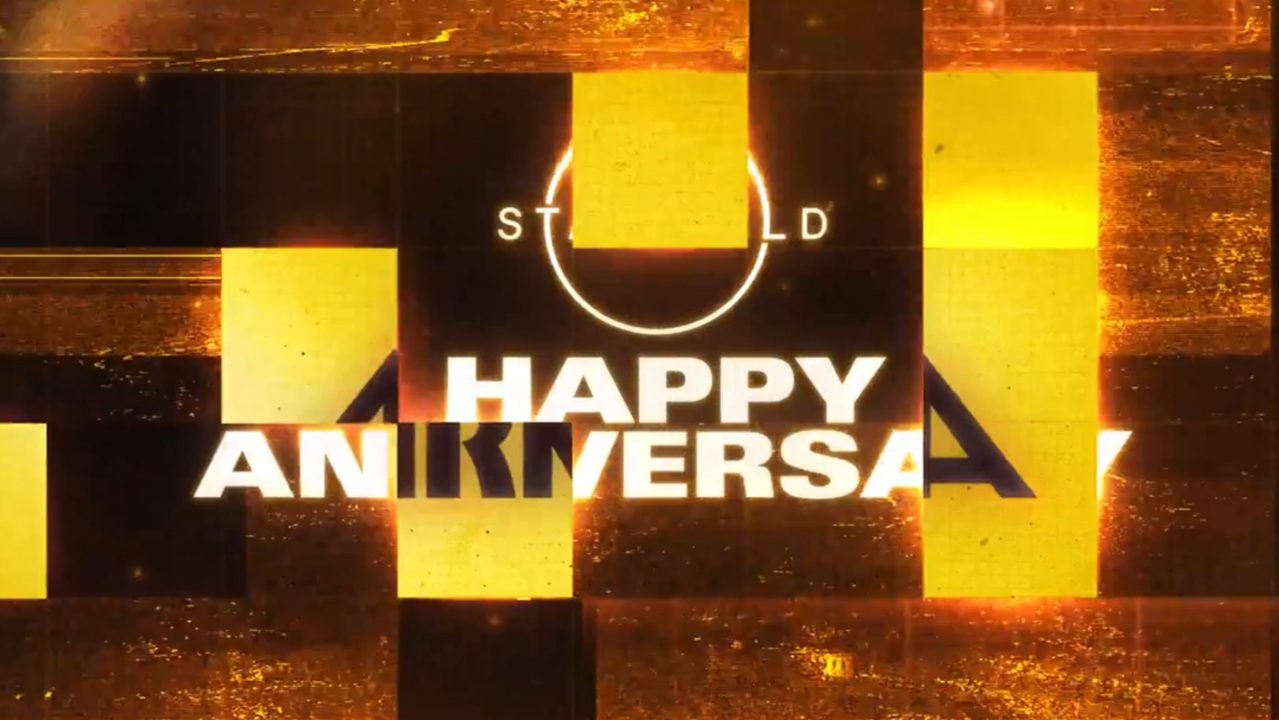 Starfield text glitching out, with &quot;Happy anniversary&quot; appearing to give way to &quot;Terran Armada&quot;