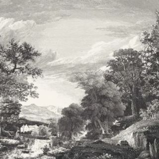 A black and white wall mural with a painted scene of a house, trees, hills, and a sky