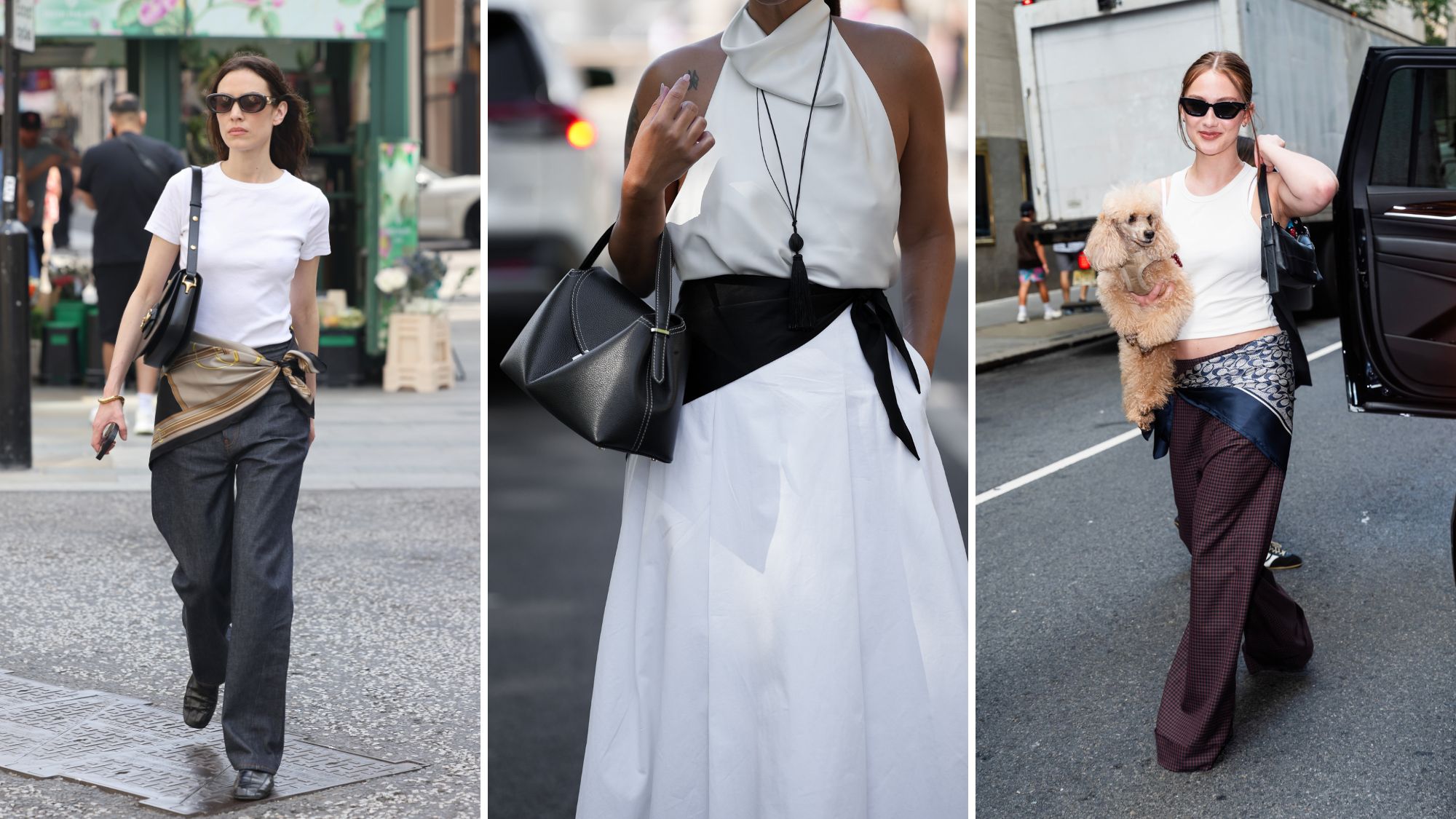 alexa chung, lola tung and gili biegun wear silk scarves on their waists