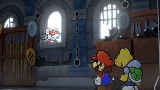 Paper Mario et un Koopa se tiennent côte à côte, regardant l'entrée d'une église décorée avec soin.