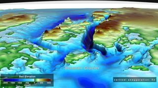 This illustration shows a vertically exaggerated image of the ground under Denman Glacier in East Antarctica, including a deep trough (blue area in the center) beneath its eastern flank.