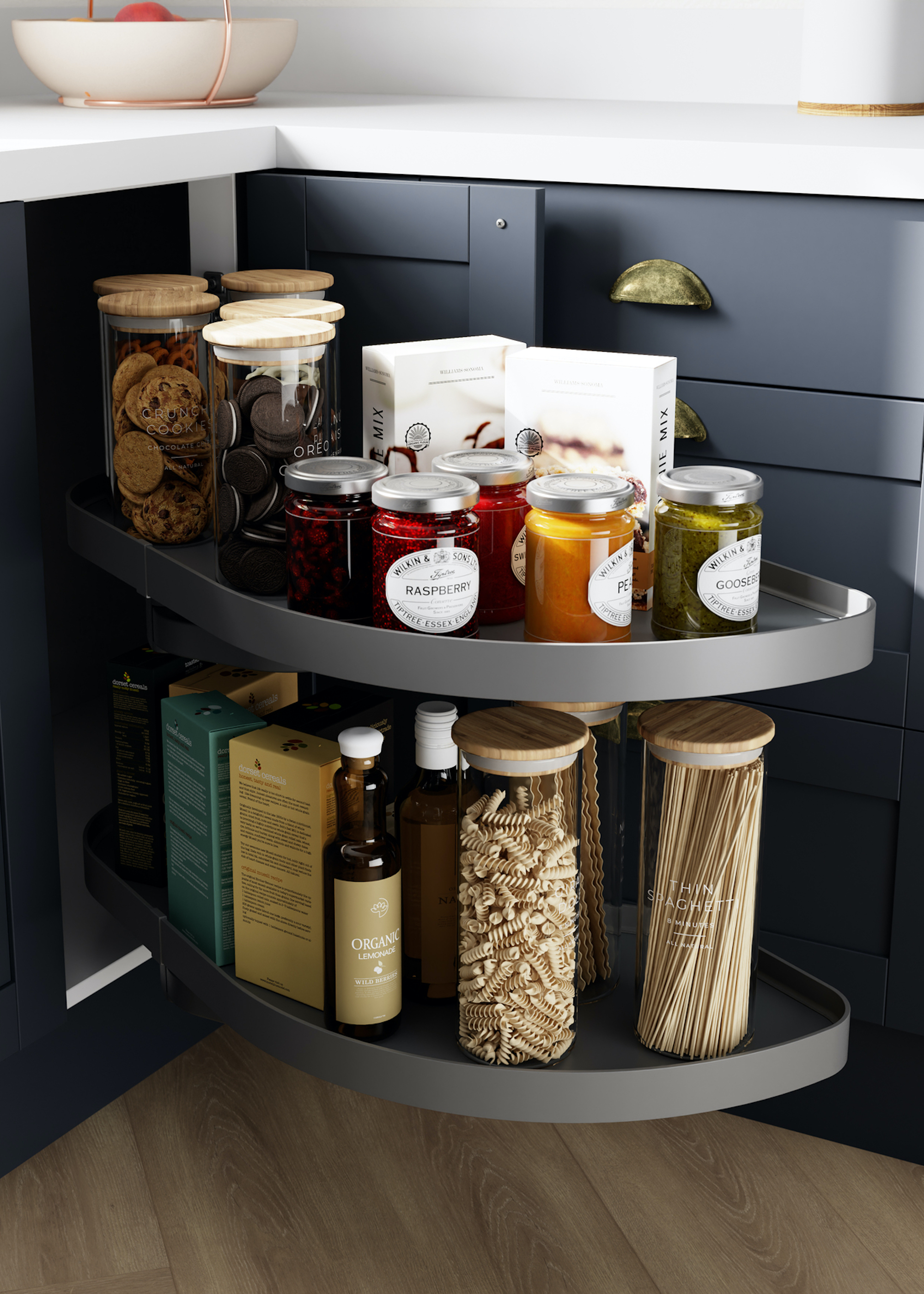 kitchen corner pull out cabinet shelves loaded with dried foods