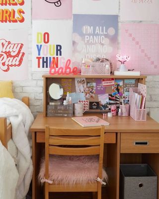 College dorm desk with decor