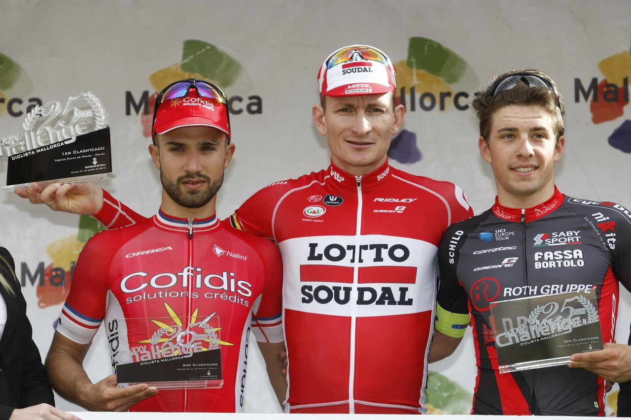 Nacer Bouhanni, Andre Grepiel and Dylan Page on the podium in Palma